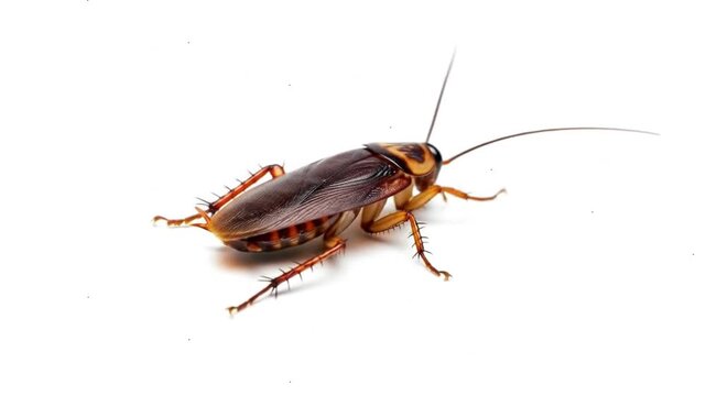 Close-up of a cockroach on a white background.