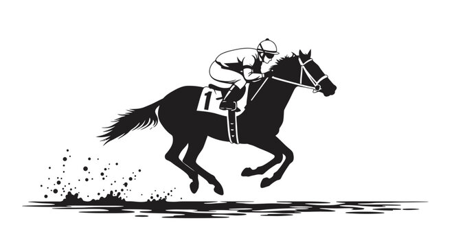 Horse Racing with Jockey Number One Black and White Silhouette - Powered by Adobe