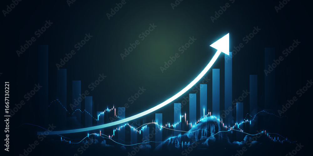 Poster graphical representation of an upward trend with bars and a glowing arrow pointing up