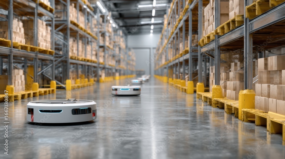 Poster autonomous mobile robots navigating warehouse aisles with sharp focus on sensors and navigation syst