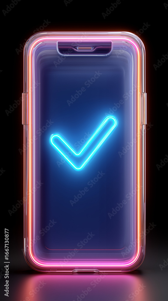 Poster neon glow: a neon light effect, of a smartphone with an illuminated checkmark symbolizing approval a