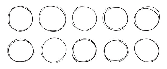 Highlight oval circle hand drawn doodle frames. Free pencil round lines. Round brush mark.