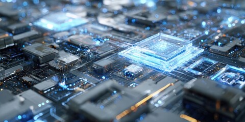 Futuristic Digital Interface with Glowing Blue Nodes and White Circuitry