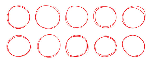 Hand drawn red crayon ovals and circles. Ellipses pencil doodle style set. Red round rough thin frames. Round freehand shapes, emphasis highlights. Vector elements for hand drawn diagrams