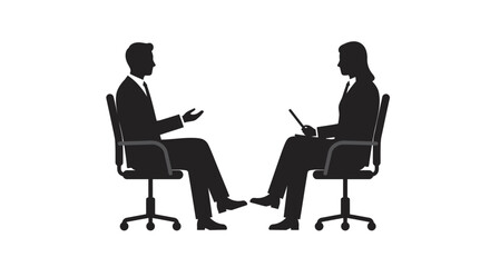Business Meeting Silhouette of Man and Woman in Office Chairs silhouette man woman business suits sitting office chairs having conversation