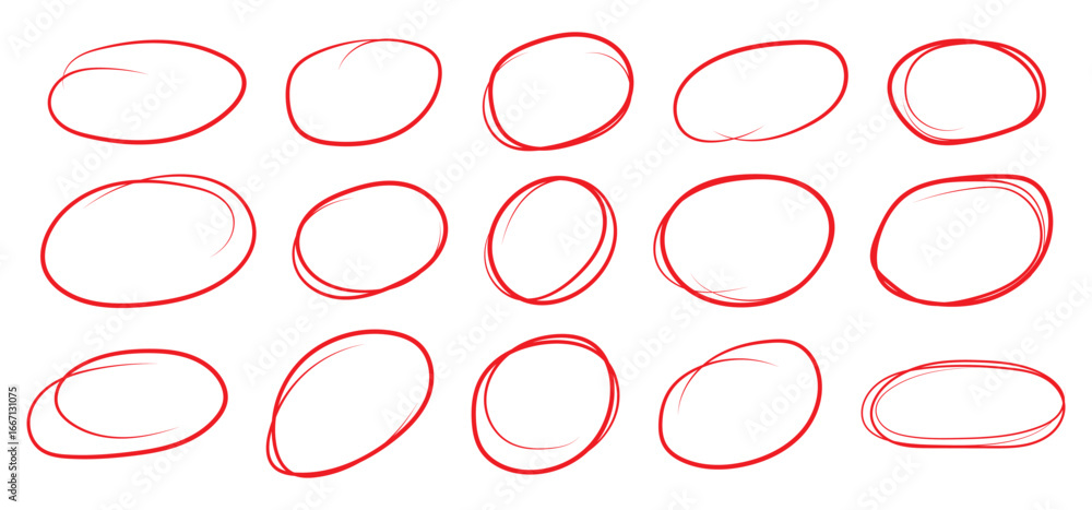 Poster Hand drawn red ovals and circles set. Round freehand shapes and highlights isolated on transparent. Vector circular scribble doodle round circles for message note mark design element
