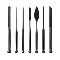 Metal needle file collection in fanned layout, various shapes for detail work, isolated on transparent background.
