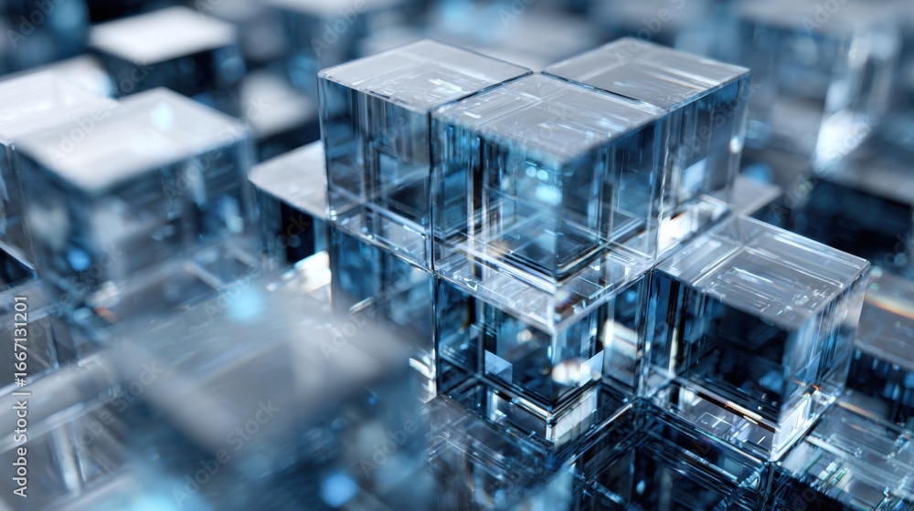 Poster the composition features a cluster of clear glass cubes arranged on a reflective surface. light play