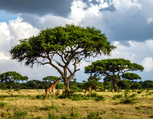 Giraffe grazing under acacia trees in african savanna wildlife scenery