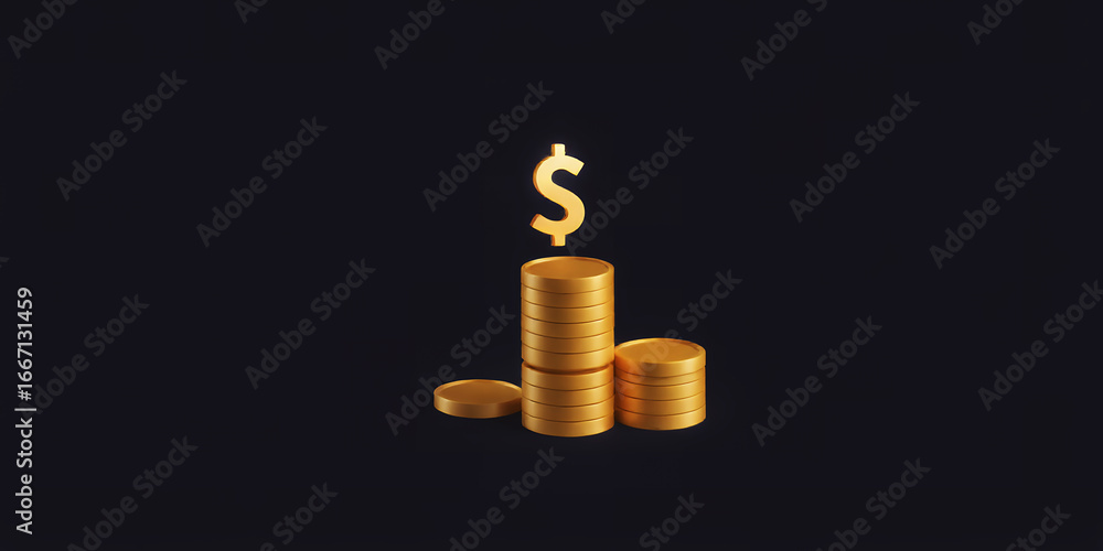 Poster a digital rendering of stacked golden coins with a dollar sign on a dark background