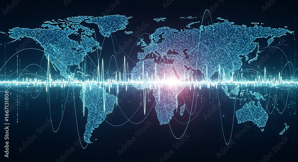 Poster digital world map with sound waves and a central bright light emanating from the continents ai gener