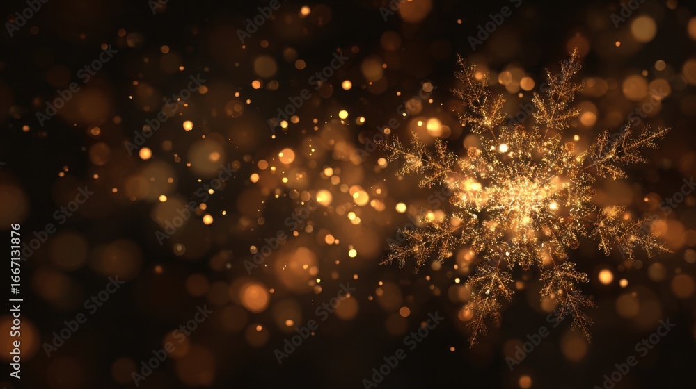 Poster a delicate snowflake radiates shimmering golden hues, enhanced by soft bokeh lights in the backgroun