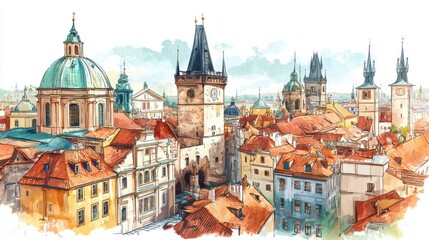 Obraz premium A panoramic view captures the stunning architecture of Prague, featuring colorful rooftops, historic towers, and a clear blue sky, showcasing the city's rich cultural heritage and beauty.