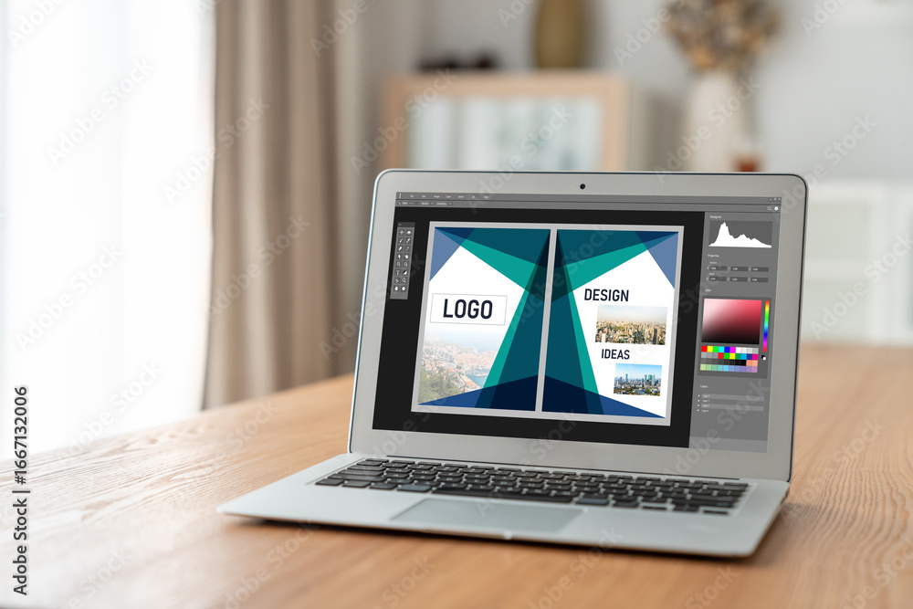 Poster graphic designer software for modern design of web page and commercial ads showing on the computer s