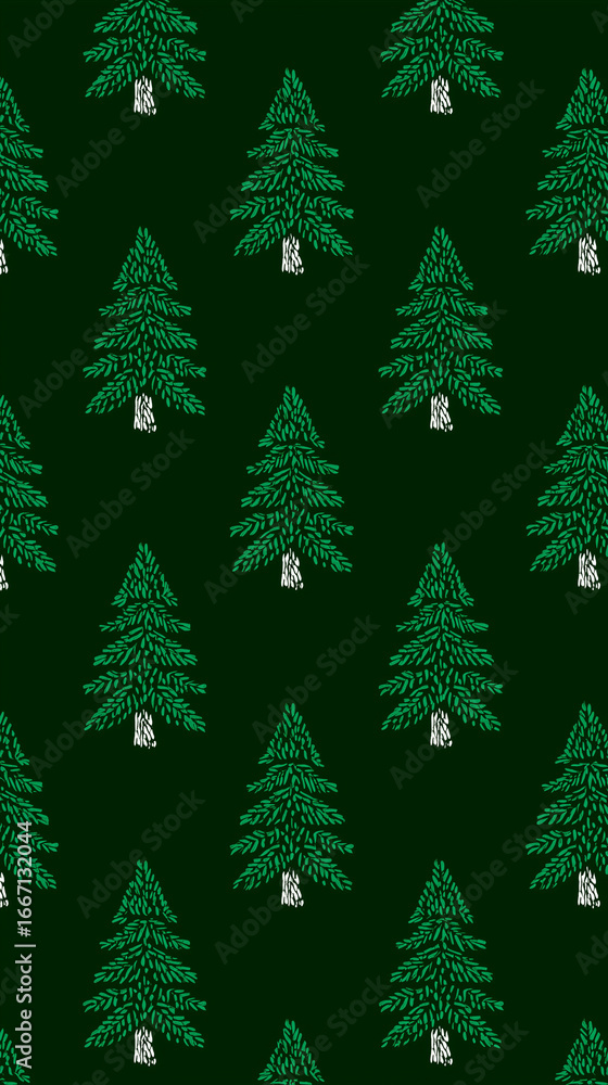 Poster evergreen forest pattern: a visually appealing array of stylized evergreen trees against a deep gree
