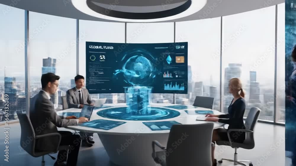 Poster global finance business professionals analyzing data on interactive display - business professionals