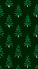 Obraz premium Evergreen Forest Pattern: a visually appealing array of stylized evergreen trees against a deep green backdrop creating a striking repetitive design, suggesting tranquility.