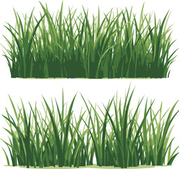 Grass icon, meadow, bush tuft, green lawn, outdoor plant set isolated on white background. Cartoon garden border. 