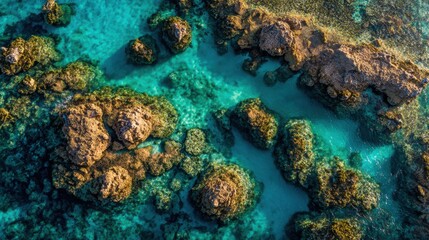 Aerial perspective showcases vibrant turquoise waters with rocky formations emerging from the surface, highlighting the natural beauty of a coastal environment under clear skies.