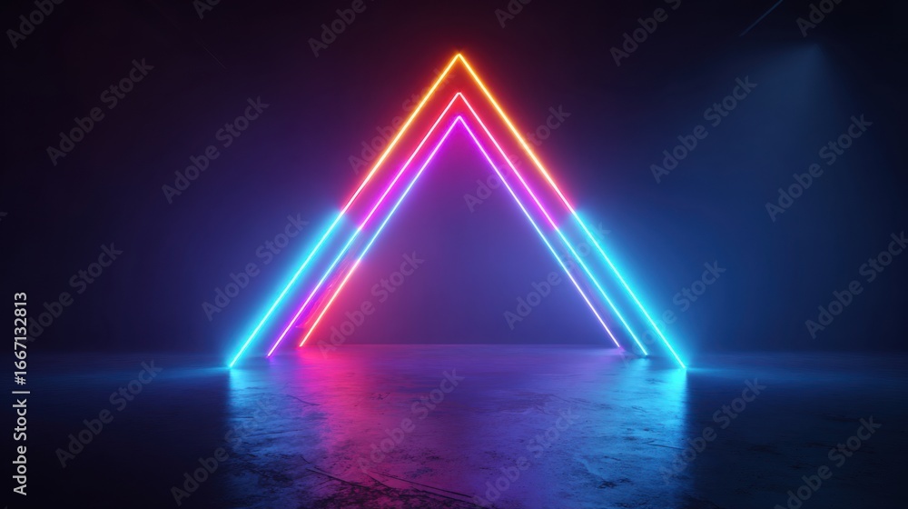 Poster vibrant neon lights form two overlapping triangles in a dimly lit environment, creating a striking v