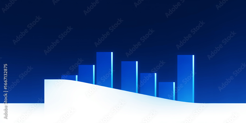 Poster abstract representation of a bar graph with blue bars and a white curved base line