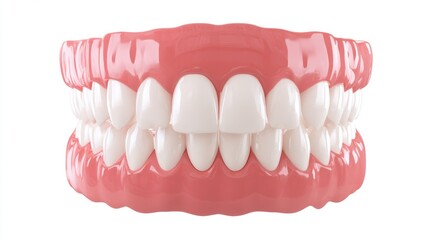 A realistic dental model displays the upper and lower rows of teeth set against a pink gum backdrop. This model serves as a valuable tool for dental education and training.