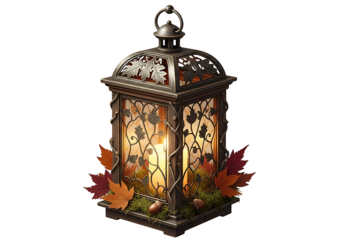 A decorative lantern, adorned with intricate leaf designs, casts a warm glow against a dark backdrop.