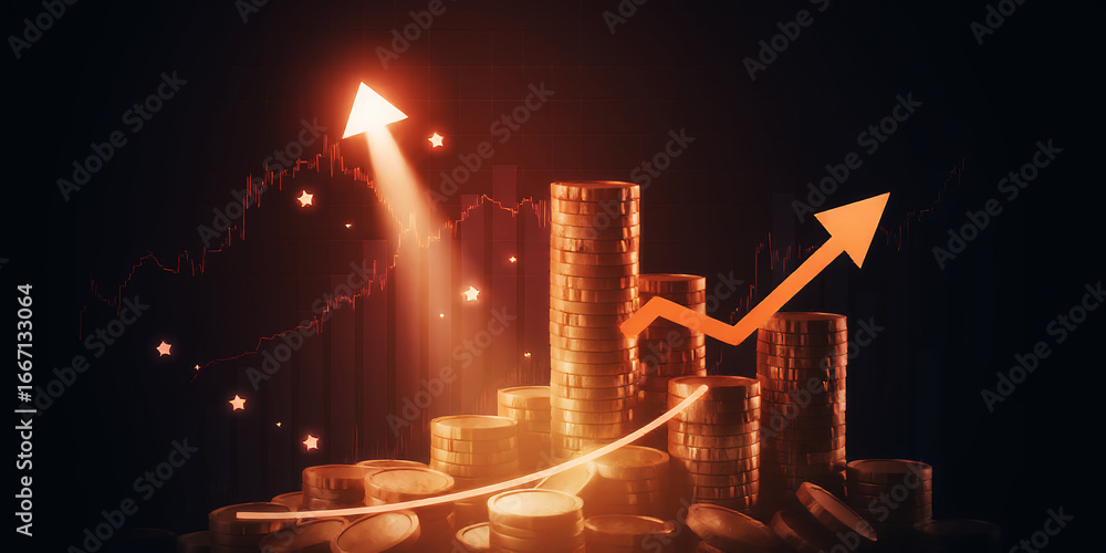 Aufkleber a stack of coins with an upward trend line and an arrow pointing up on a dark background