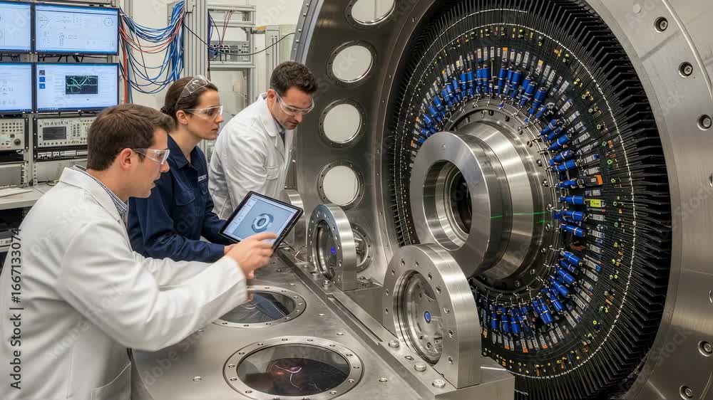 Poster engineering team inspecting a large flywheel rotor mounted in a stateoftheart spintest chamber with 