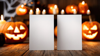 Two blank mockup cards on a rustic wooden surface surrounded by glowing jack-o’-lanterns and warm candlelight, ideal for Halloween invitation or greeting designs