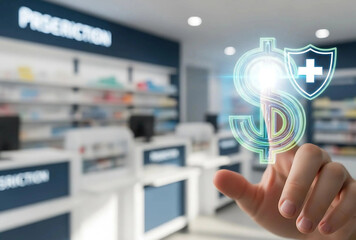 Hand touching glowing dollar sign with shield in pharmacy, representing healthcare costs and insurance