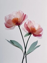 Translucent Pink Peony Flowers on a White Background, Birth Flower, Minimalist November Flower