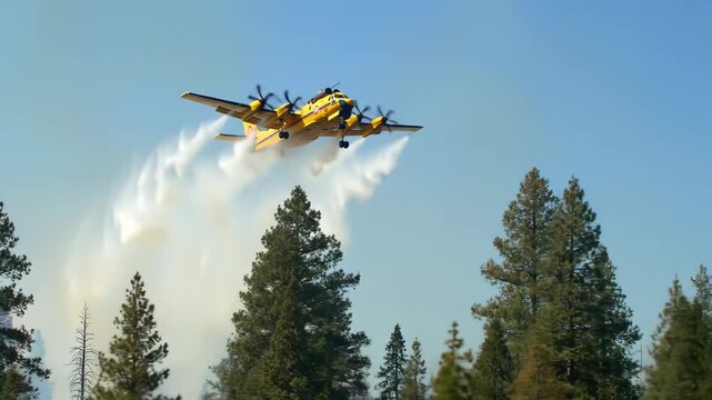 Aerial firefighting plane drops retardant over forest fire