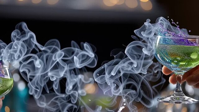 Colorful cocktails with swirling smoke are raised in celebration, showcasing vibrant green and purple hues, creating a festive Halloween atmosphere of joy and excitement