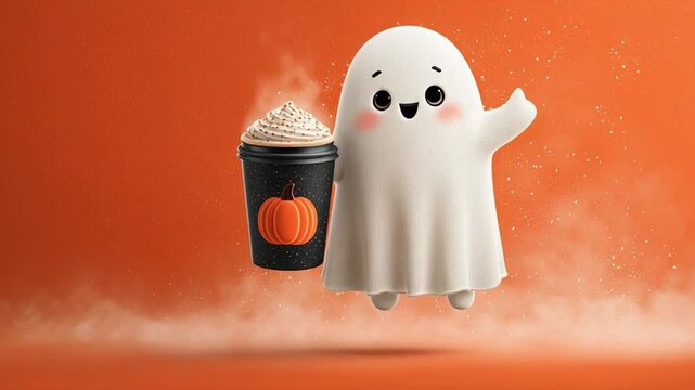 Adorable ghost character joyfully holding a festive pumpkin-spiced drink, floating in mid-air against a vibrant orange backdrop, capturing the essence of Halloween celebration