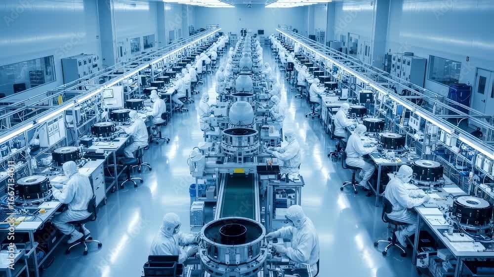 Poster overhead view of a spacious naval sonar array production cleanroom with workers in white suits colla