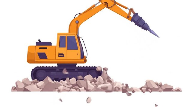 Detailed Illustration of an Orange Excavator with a Jackhammer Attachment Amidst Debris on a White Background