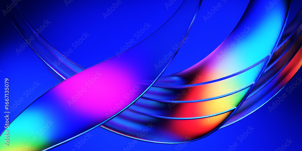 Poster abstract colorful ribbons intersecting on a blue background creating a vibrant scene