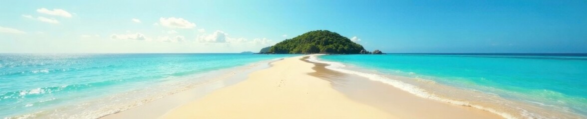 Fototapeta premium Golden sand, clear blue sea, distant green island silhouette, travel, holiday, palm trees