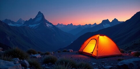 Bright orange tent glows amidst dark mountain range under twilight sky, forest, exploration, tree