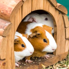 Cute guinea pigs in a wooden house
