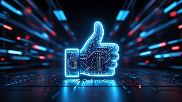 Glowing blue neon thumbs up symbol made of circuit board technology against a futuristic digital background with bokeh lights and motion blur