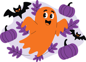Obraz premium Orange ghost with purple pumpkins and black bats halloween