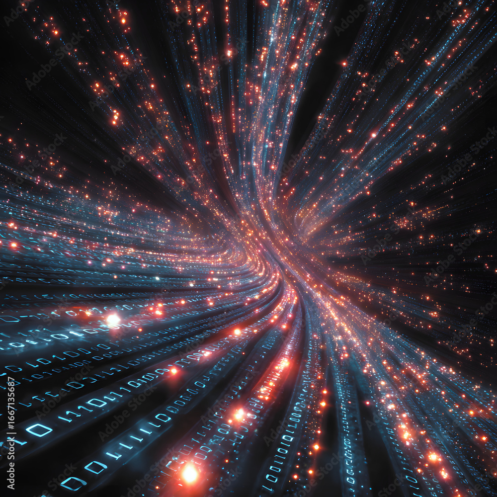 Aufkleber abstract neon light streams, binary code flows throuh cyberspace. fast digitalfuture network connect