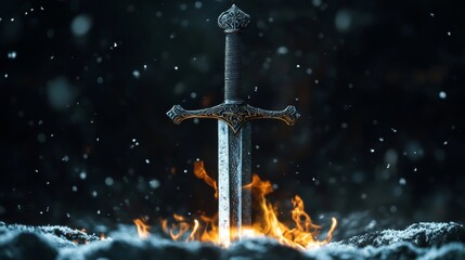 Fototapeta premium Mysterious silver sword surrounded by flames against a gothic snowy black background