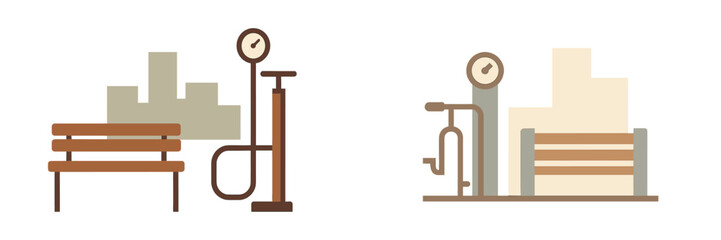 Park bench with bicycle pump and city buildings