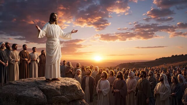 Jesus Preaching at Sunset - Jesus Christ delivers a powerful sermon to a large crowd gathered on a hilltop at sunset.
