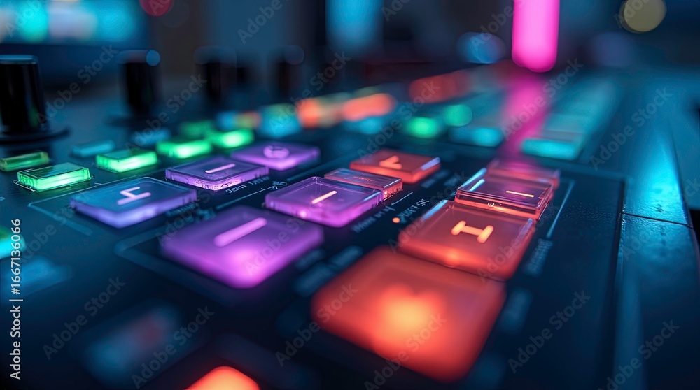 Fototapete 3d rendering glowing colorful Arcade Game Buttons