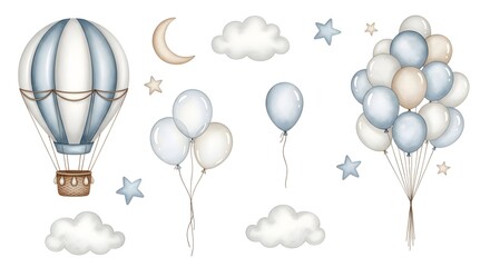 Watercolor hot air balloon with clouds, stars, and crescent moon, isolated on white background