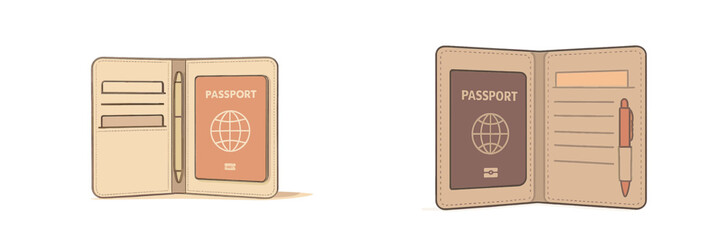 Passport holder with passport and pen, Minimalist flat design